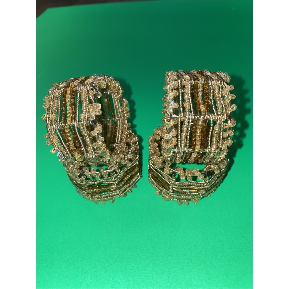 Colin Cowie New Fully Beaded Napkin Ring Holders Set 4 Gold Holiday 2004 Vintage